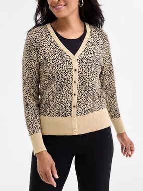 JM Collection Beige and Black Leopard Print V-Neck Cardigan